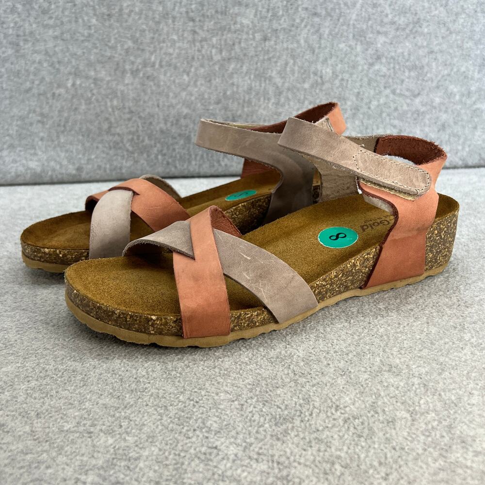 Bio-Gold Leather Criss Cross Low Wedge Heel Sandal-Pink-Tan -Women Size 8- Italy
